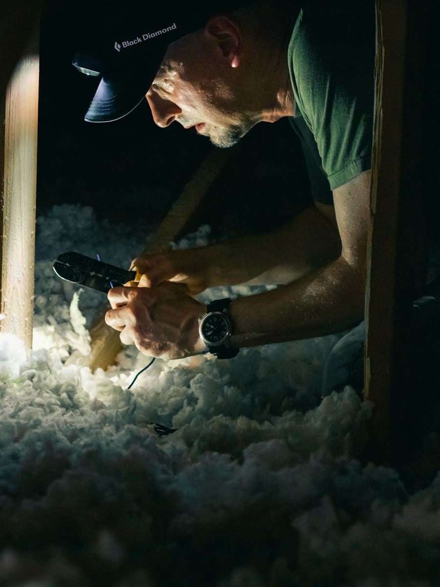 An installer laying insulation in a loft
